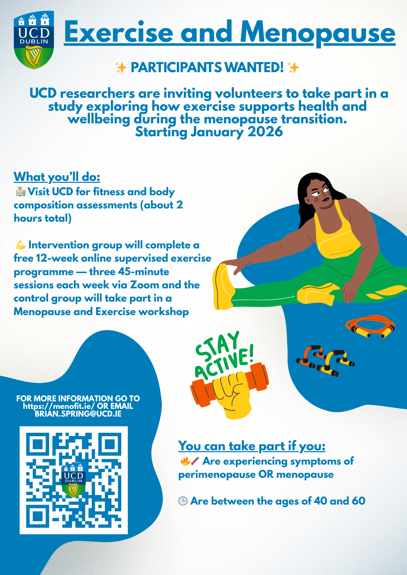 A poster with text and an image of a woman exercising